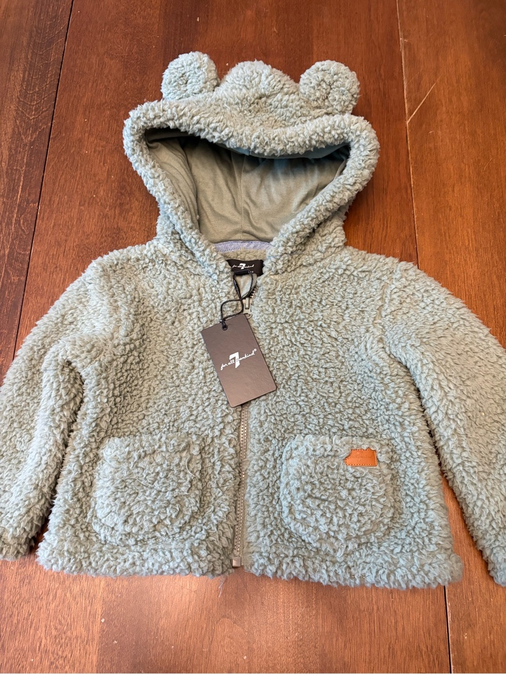 7 For All Mankind Olive Green Teddy Sherpa Hooded Jacket with Ears - Kids